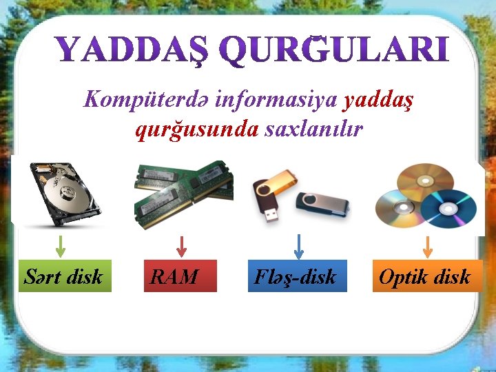 Kompüterdə informasiya yaddaş qurğusunda saxlanılır Sərt disk RAM Fləş-disk Optik disk 