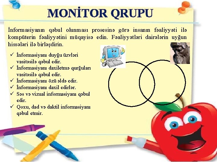 MONİTOR QRUPU İnformasiyanın qəbul olunması prosesinə görə insanın fəaliyyəti ilə kompüterin fəaliyyətini müqayisə edin.