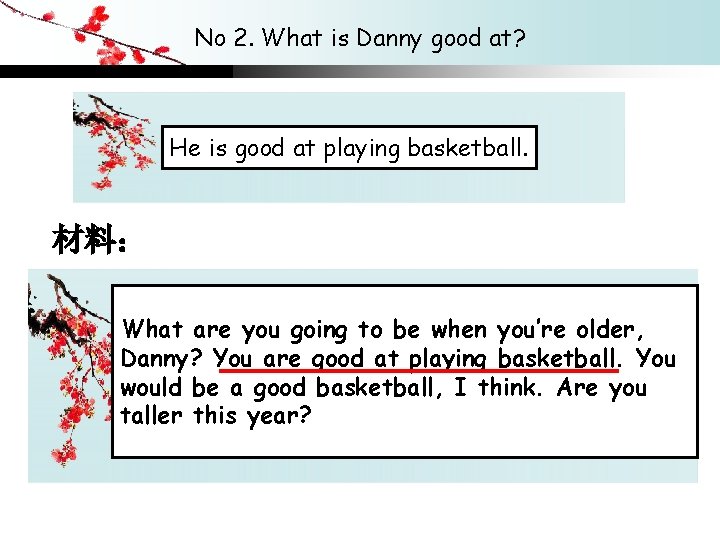 No 2. What is Danny good at? He is good at playing basketball. 材料：