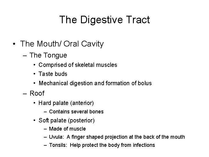 The Digestive Tract • The Mouth/ Oral Cavity – The Tongue • Comprised of