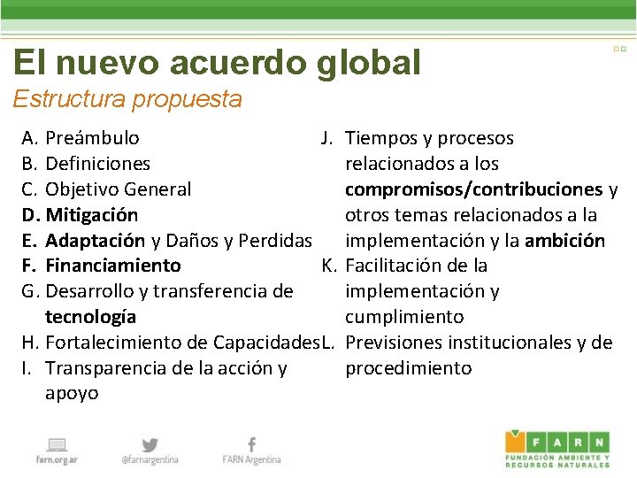 El nuevo acuerdo global Estructura propuesta J. A. Preámbulo B. Definiciones C. Objetivo General