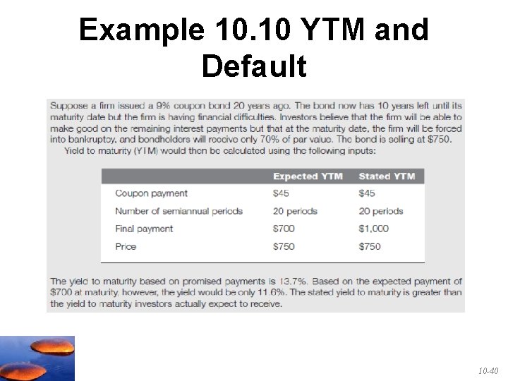 Example 10. 10 YTM and Default 10 -40 