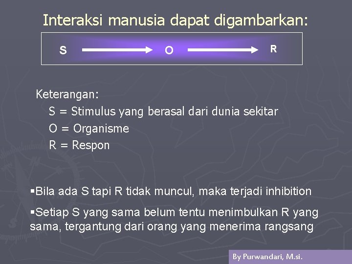 Interaksi manusia dapat digambarkan: S O R Keterangan: S = Stimulus yang berasal dari