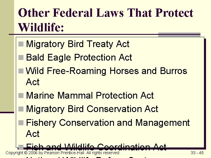 Other Federal Laws That Protect Wildlife: n Migratory Bird Treaty Act n Bald Eagle