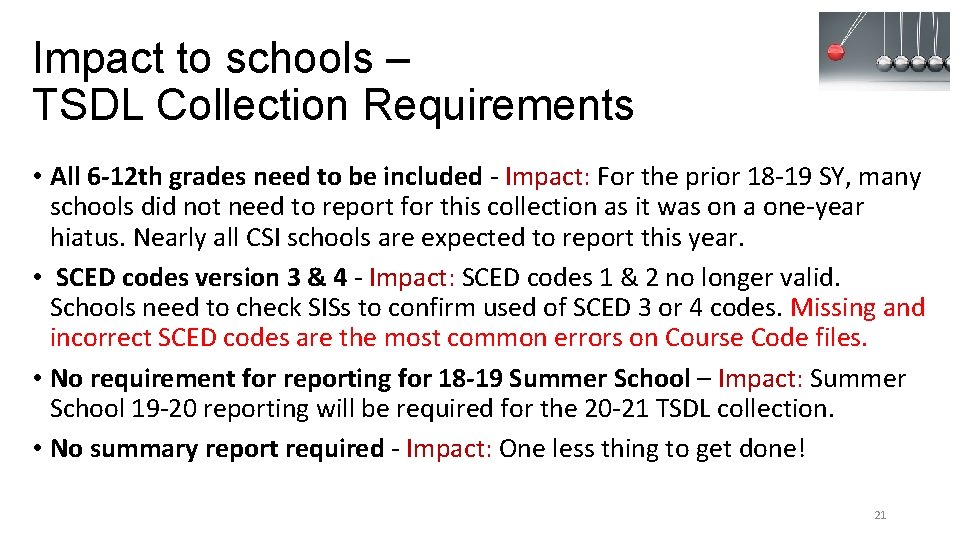 Impact to schools – TSDL Collection Requirements • All 6 -12 th grades need