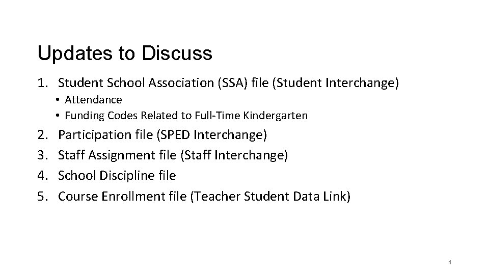 Updates to Discuss 1. Student School Association (SSA) file (Student Interchange) • Attendance •