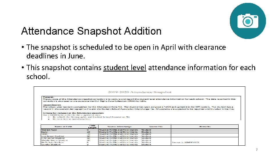 Attendance Snapshot Addition • The snapshot is scheduled to be open in April with