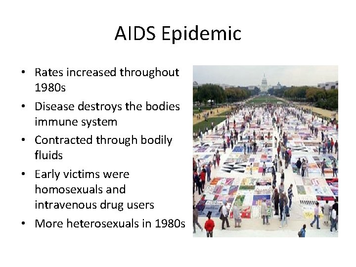 AIDS Epidemic • Rates increased throughout 1980 s • Disease destroys the bodies immune