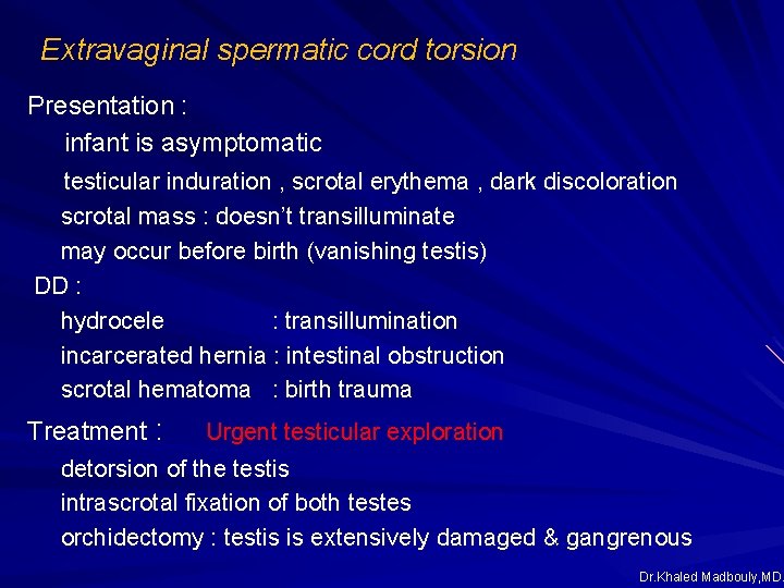Extravaginal spermatic cord torsion Presentation : infant is asymptomatic testicular induration , scrotal erythema Extravaginal spermatic cord torsion Presentation : infant is asymptomatic testicular induration , scrotal erythema