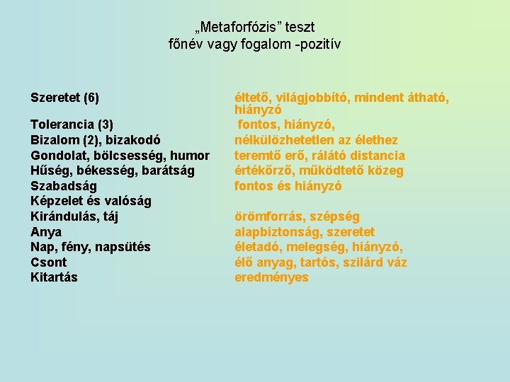 „Metaforfózis” teszt főnév vagy fogalom -pozitív Szeretet (6) Tolerancia (3) Bizalom (2), bizakodó Gondolat,