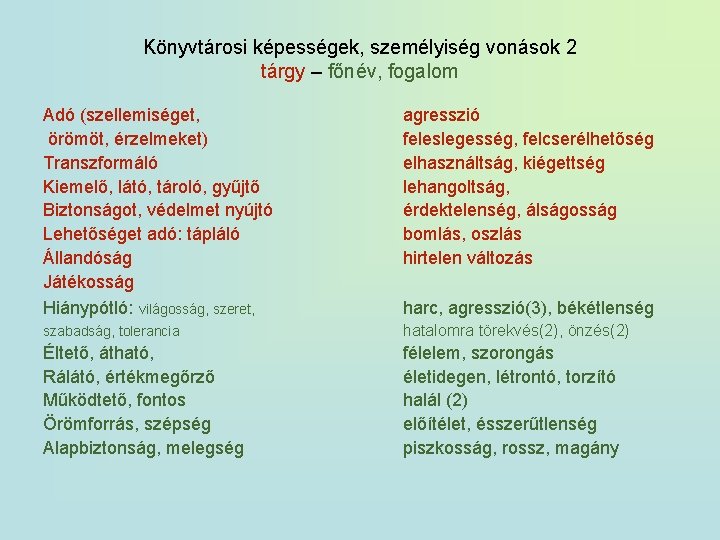 Könyvtárosi képességek, személyiség vonások 2 tárgy – főnév, fogalom Adó (szellemiséget, örömöt, érzelmeket) Transzformáló