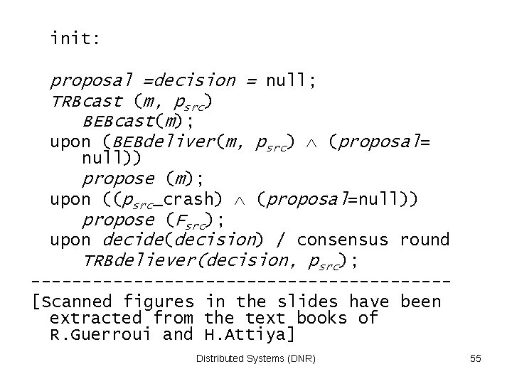 init: proposal =decision = null; TRBcast (m, psrc) BEBcast(m); upon (BEBdeliver(m, psrc) (proposal= null))