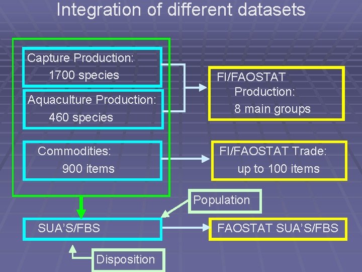 Integration of different datasets Capture Production: 1700 species Aquaculture Production: 460 species Commodities: 900