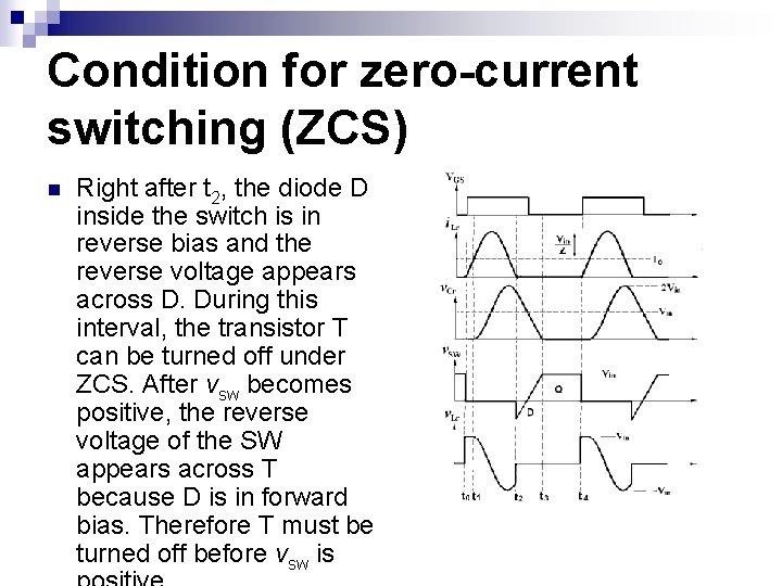 Condition for zero-current switching (ZCS) n Right after t 2, the diode D inside Condition for zero-current switching (ZCS) n Right after t 2, the diode D inside
