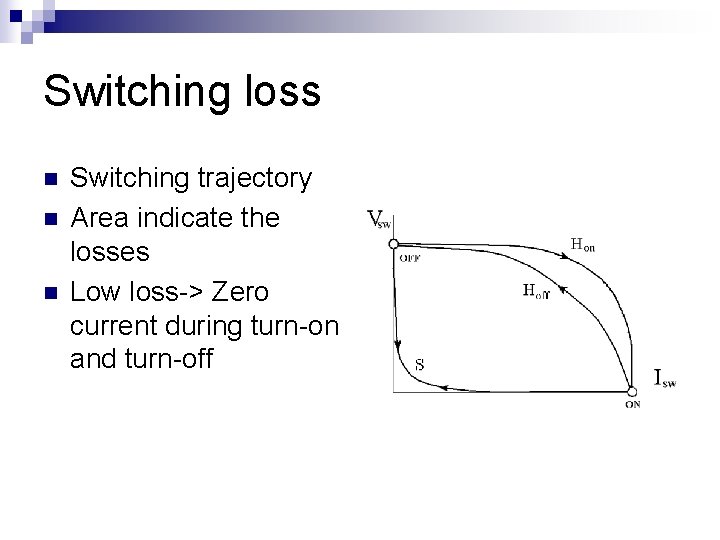 Switching loss n n n Switching trajectory Area indicate the losses Low loss-> Zero Switching loss n n n Switching trajectory Area indicate the losses Low loss-> Zero
