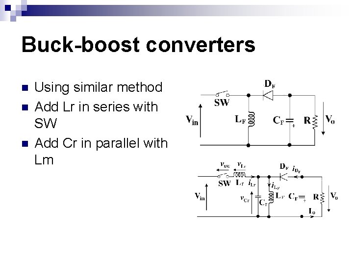 Buck-boost converters n n n Using similar method Add Lr in series with SW Buck-boost converters n n n Using similar method Add Lr in series with SW