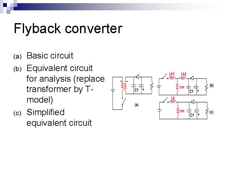 Flyback converter (a) (b) (c) Basic circuit Equivalent circuit for analysis (replace transformer by Flyback converter (a) (b) (c) Basic circuit Equivalent circuit for analysis (replace transformer by