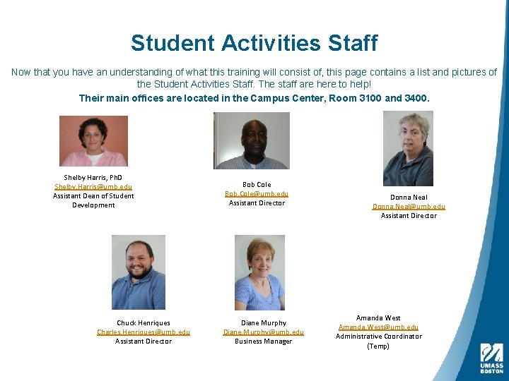 Student Activities Staff Now that you have an understanding of what this training will