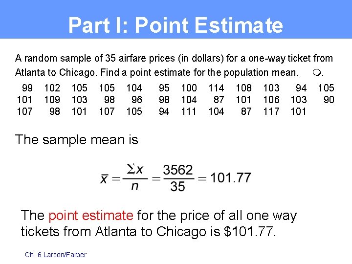 Part I: Point Estimate A random sample of 35 airfare prices (in dollars) for