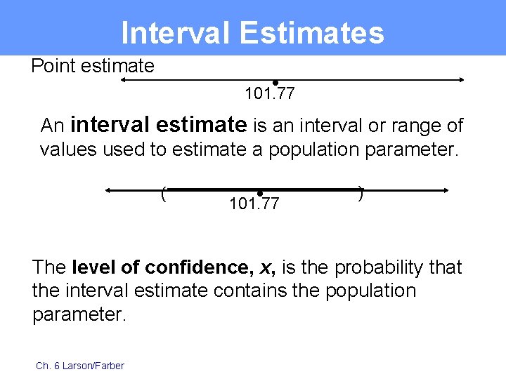 Interval Estimates Point estimate • 101. 77 An interval estimate is an interval or