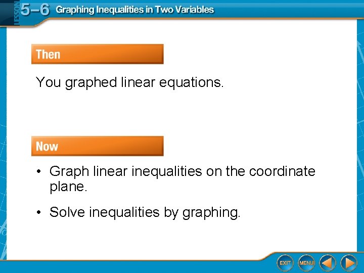 You graphed linear equations. • Graph linear inequalities on the coordinate plane. • Solve