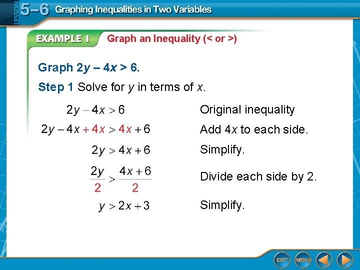 Graph an Inequality (< or >) Graph 2 y – 4 x > 6.