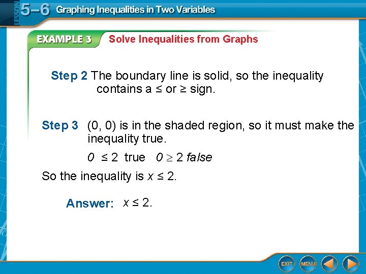 Solve Inequalities from Graphs Step 2 The boundary line is solid, so the inequality