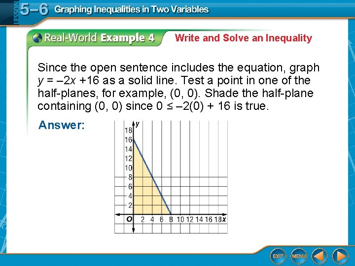 Write and Solve an Inequality Since the open sentence includes the equation, graph y