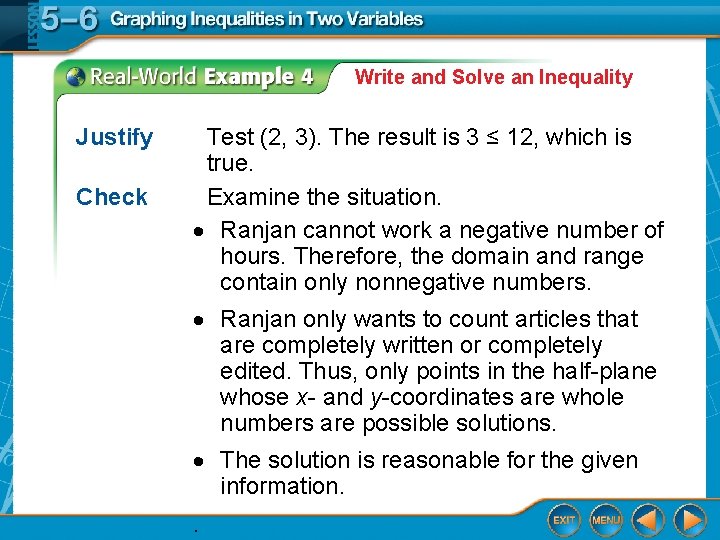 Write and Solve an Inequality Justify Check Test (2, 3). The result is 3