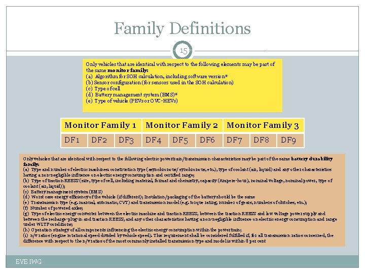 Family Definitions 15 Only vehicles that are identical with respect to the following elements