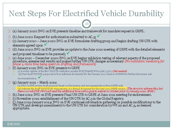 Next Steps For Electrified Vehicle Durability 18 � (a) January 2020: IWG on EVE