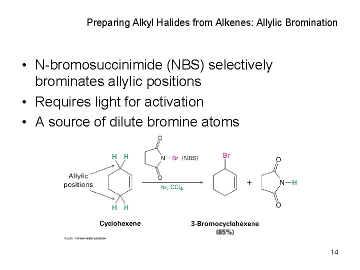 Preparing Alkyl Halides from Alkenes: Allylic Bromination • N-bromosuccinimide (NBS) selectively brominates allylic positions