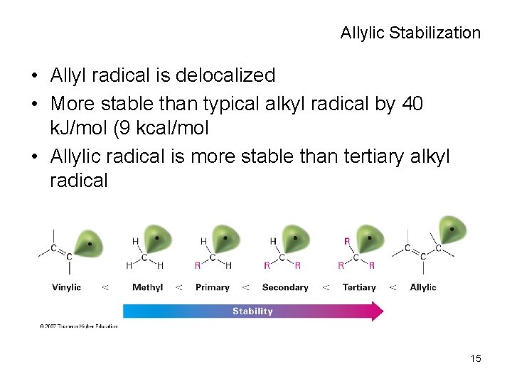 Allylic Stabilization • Allyl radical is delocalized • More stable than typical alkyl radical