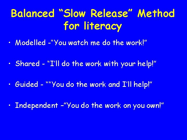 Balanced “Slow Release” Method for literacy • Modelled -“You watch me do the work!”