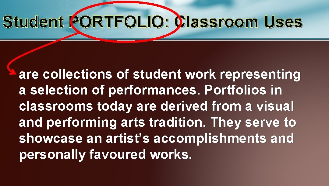 Student PORTFOLIO: Classroom Uses are collections of student work representing a selection of performances.