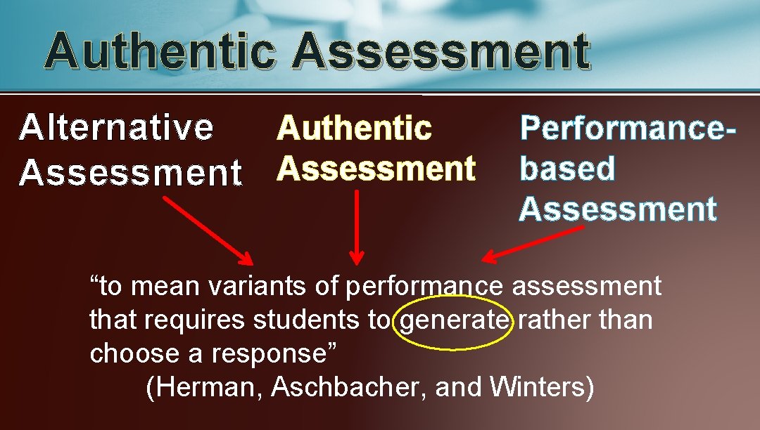 Authentic Assessment Authentic Alternative Assessment Performancebased Assessment “to mean variants of performance assessment that