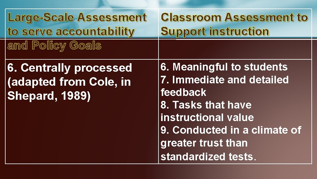 Large-Scale Assessment to serve accountability and Policy Goals Classroom Assessment to Support instruction 6.