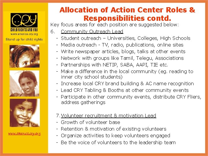 Key 6. - Allocation of Action Center Roles & Responsibilities contd. focus areas for