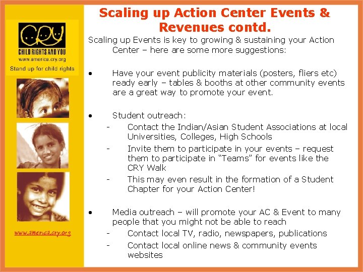 Scaling up Action Center Events & Revenues contd. Scaling up Events is key to