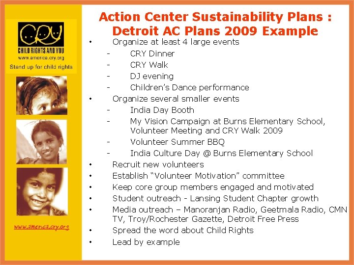  • • • Action Center Sustainability Plans : Detroit AC Plans 2009 Example