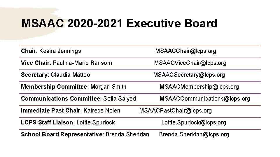 MSAAC 2020 -2021 Executive Board Chair: Keaira Jennings MSAACChair@lcps. org Vice Chair: Paulina-Marie Ransom