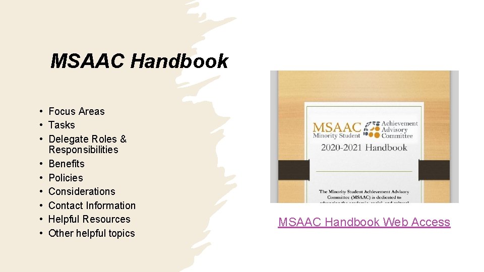 MSAAC Handbook • Focus Areas • Tasks • Delegate Roles & Responsibilities • Benefits