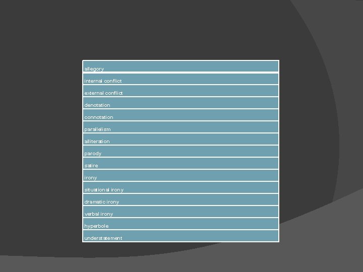 allegory internal conflict external conflict denotation connotation parallelism alliteration parody satire irony situational irony allegory internal conflict external conflict denotation connotation parallelism alliteration parody satire irony situational irony