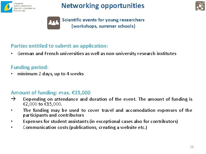 Networking opportunities Scientific events for young researchers (workshops, summer schools) Parties entitled to submit