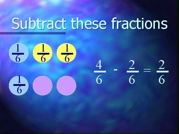 Subtract these fractions 1 6 1 6 4 - 2 = 2 6 6