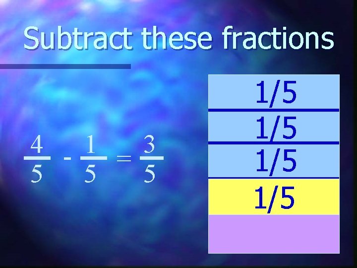 Subtract these fractions 4 - 1 3 = 5 5 5 1/5 1/5 