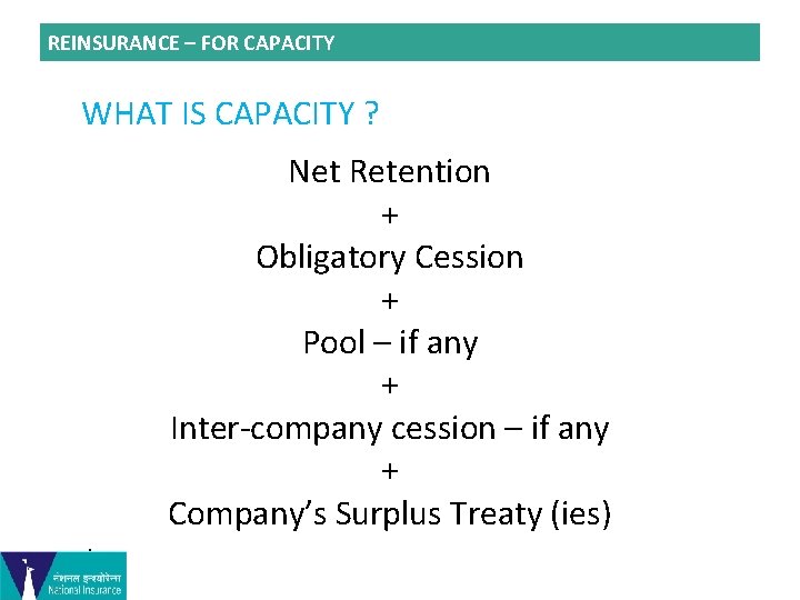 REINSURANCE – FOR CAPACITY WHAT IS CAPACITY ? + Net Retention + Obligatory Cession