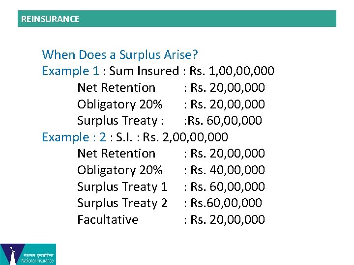 REINSURANCE When Does a Surplus Arise? Example 1 : Sum Insured : Rs. 1,