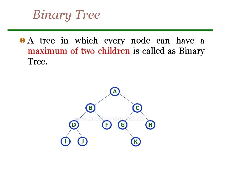 Binary Tree A tree in which every node can have a maximum of two