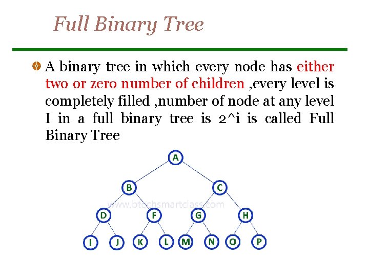 Full Binary Tree A binary tree in which every node has either two or